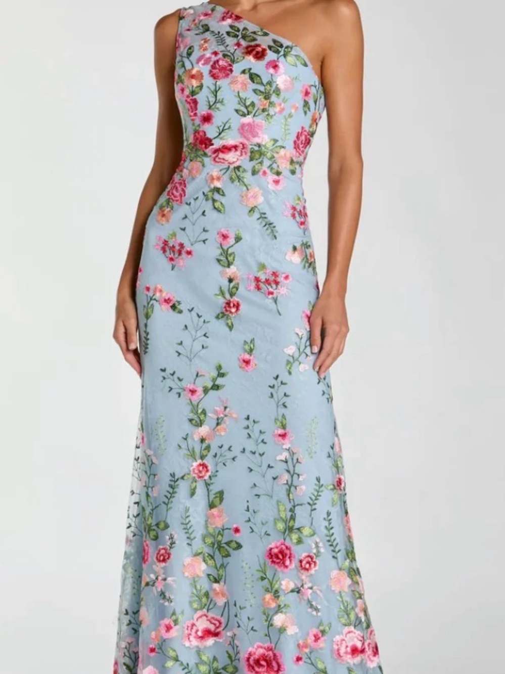 Mac Duggal One-Shoulder Light Blue Floral Embroidered Gown